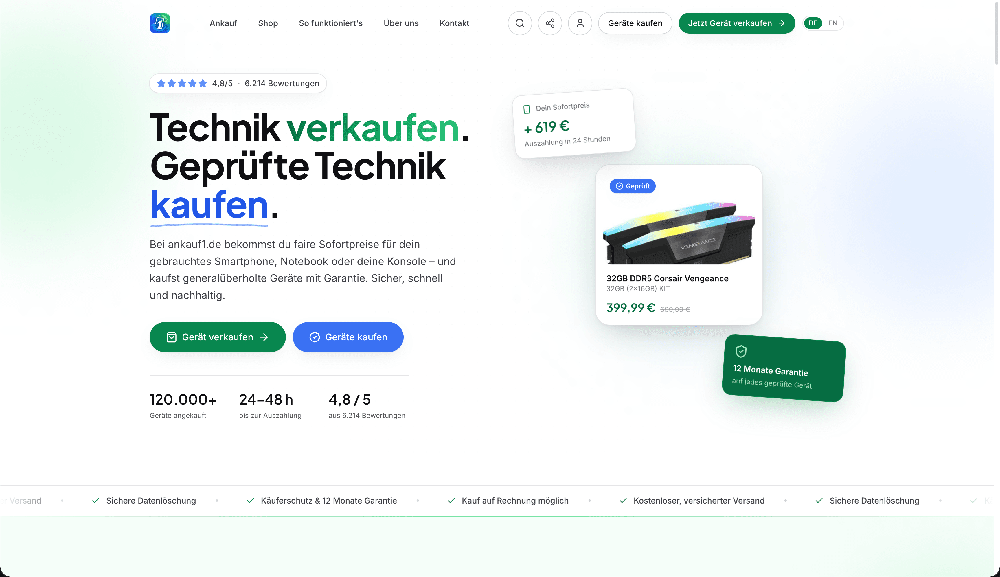 Startseite von ankauf1.de: Sofortpreis-Rechner, geprüfte Gebrauchtgeräte und Ankauf-Kennzahlen