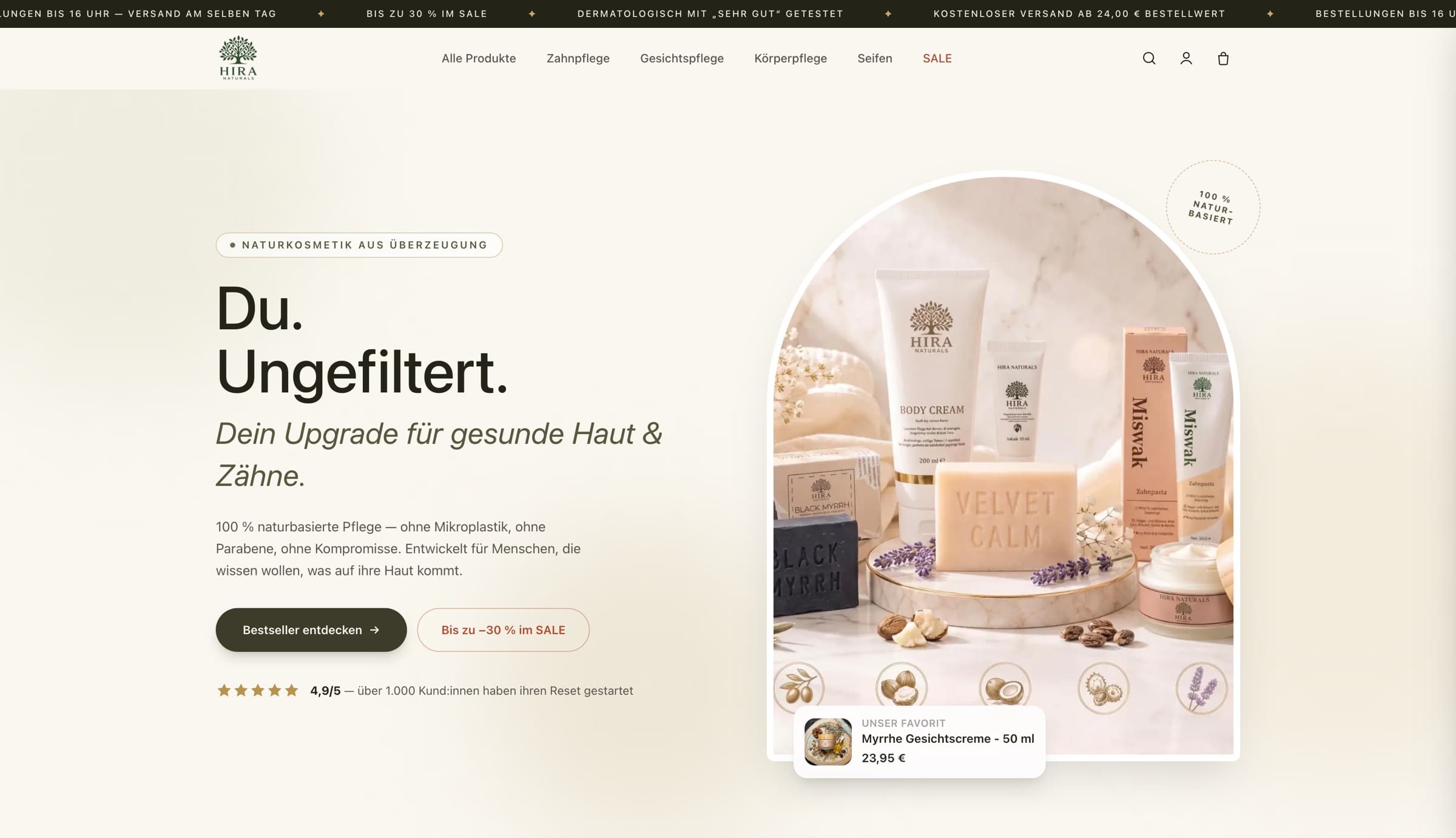 Startseite des Shopsystems: Naturkosmetik-Shop mit Produktbühne, Bewertungen und KI-Chat